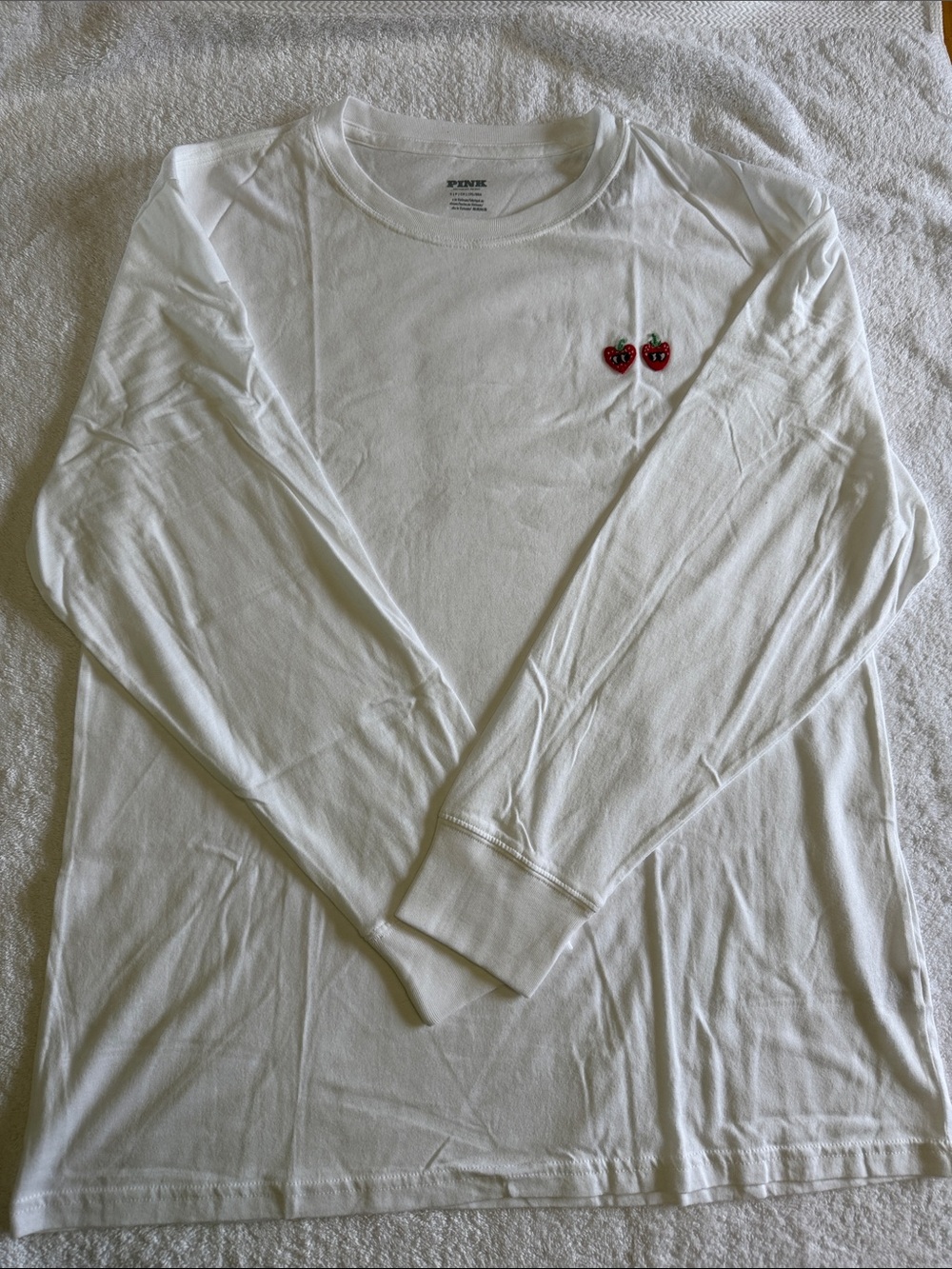 PINK Victoria's Secret White Long-Sleeve Tee with Red Cherry Heart Patch